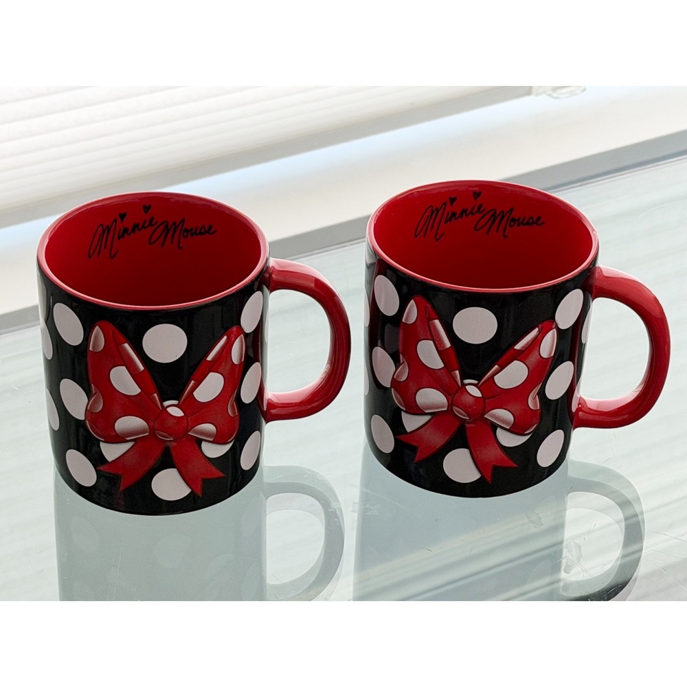 Disney Parks Minnie Mouse Polka Dot Bow Signature Mug Ceramic Coffee Cup Set 2 - Picture 3 of 9